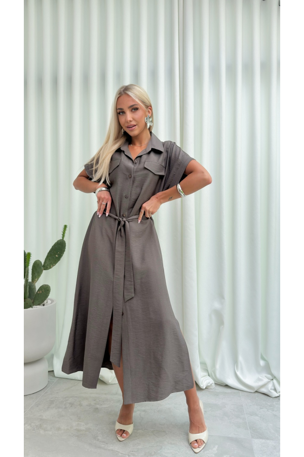 Sukienka Koszulowa Maxi Premium Wiązana w Pasie Elegancka Oversize Guziki Kieszenie - fango